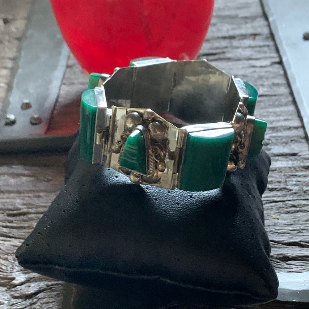 VINTAGE MEXICO JADE GLASS STERLING SILVER BRACELET